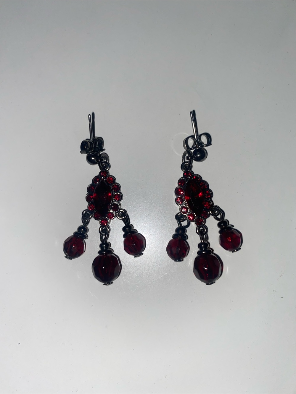 Red Crystal Gunmetal Dangle Earrings - Women's Jewelry